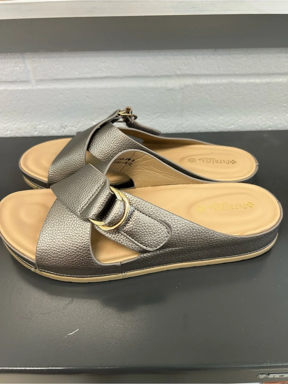 Patrizia by Spring Step Rutha Metallic Taupe Slide Sandal with Gold Buckle 9